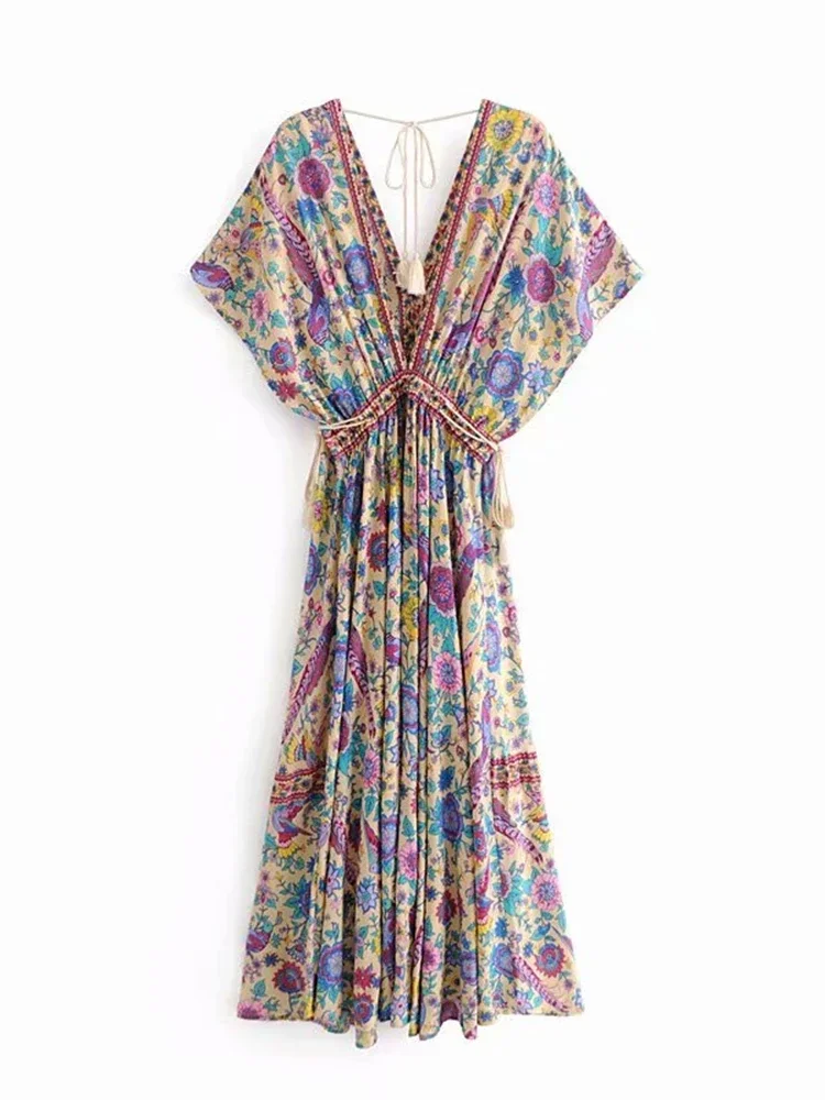 Vintage Chic Women Peacock Floral Print Bat Sleeve Beach Bohemian Maxi  Dresses Robe Ladies V-neck Tassel Summer Boho Dress
