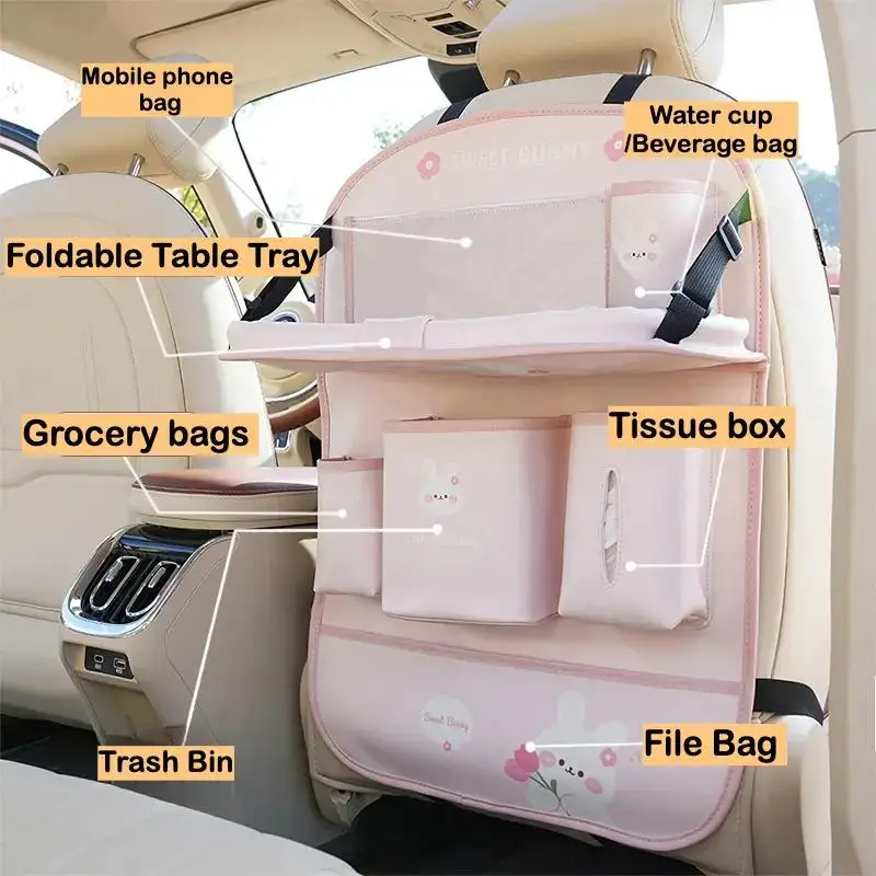

Leather Deluxe Car Seat Back Organizer-Multi-Function Storage, Foldable Dining Table Tray,Anti-Kick Pad,Decorative Car Accessory