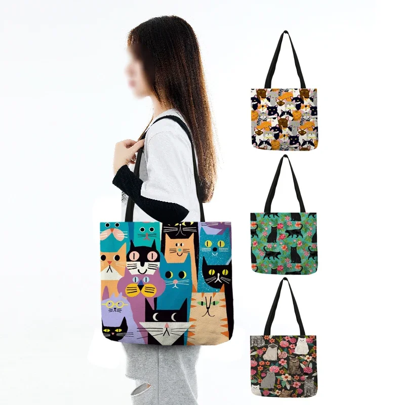 Niedliche Cartoon-Blumen-Katzen-Druck-Einkaufstasche für Damen, Leinenstoff, Umhängetasche, umweltfreundliche Aufbewahrungshandtasche, wiederverwendbar, faltbar, Einkaufstaschen