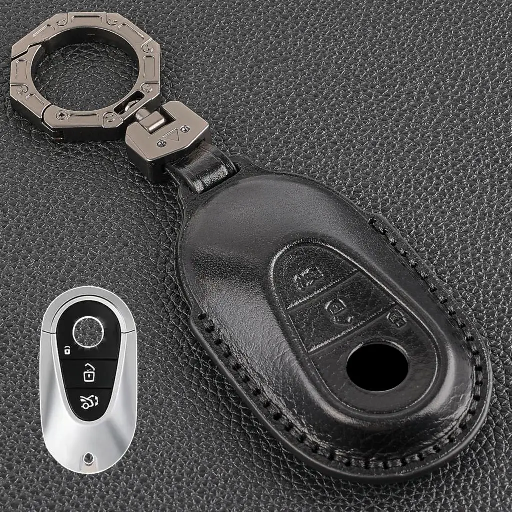 Remote Car Key Fob Chain Ring Cover Case 2 Button Genuine Leather For Mercedes Benz S C Class S450 S500 S480 S580 2021 2022 2023