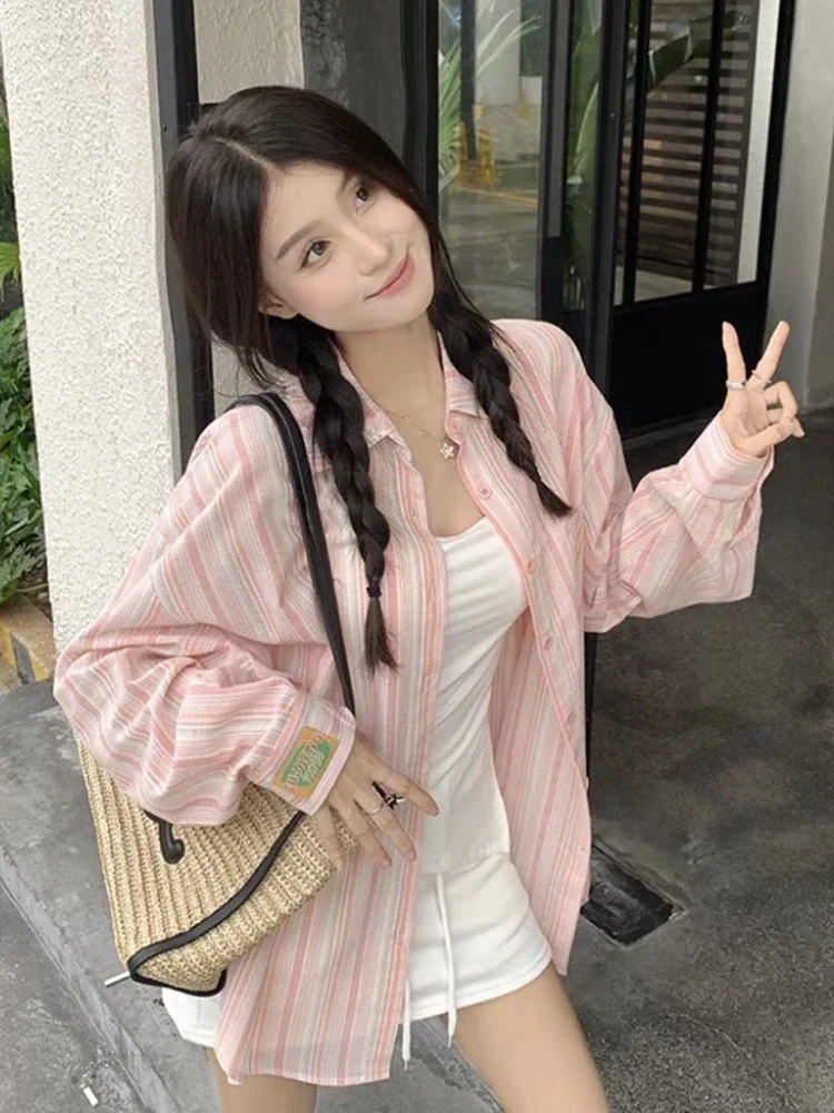 

Korean Style Loose Casual Shirts Spring New Pink Striped Shirt Women Leisure Lazy Long Sleeved Button Up Blouse