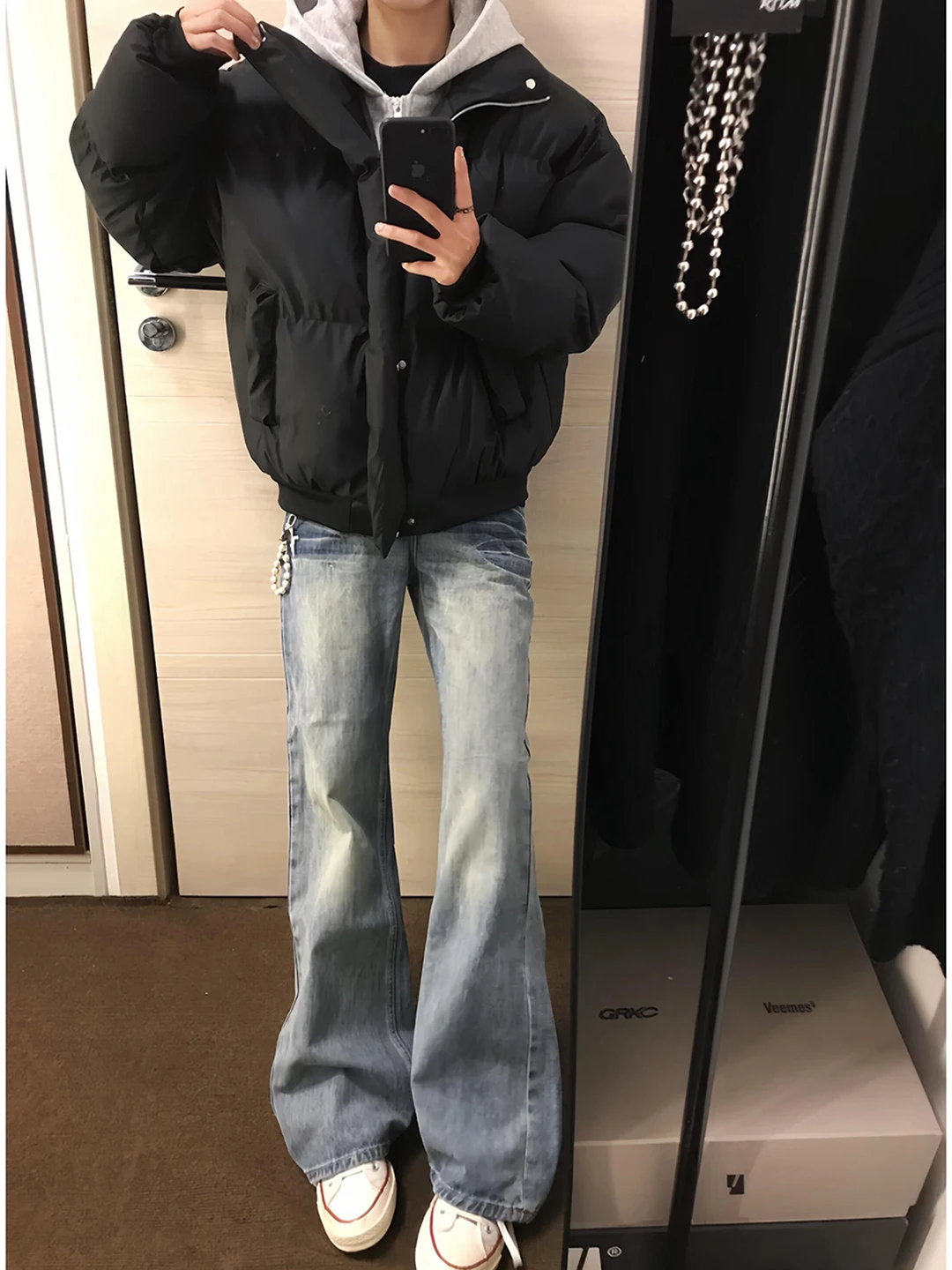 

American High Street Lightning Pattern Flared Jeans Men's Autumn Winter Fleece Lined Cleanfit Slim Straight Knife Pants