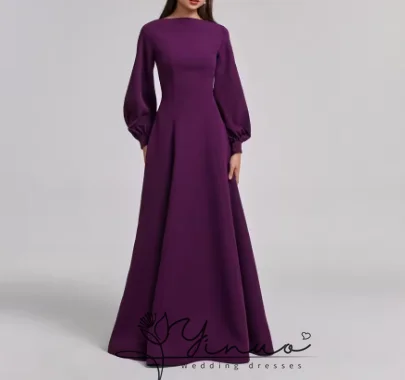 

Customized Modest Evening Dresses Deep Purple Boat Neck Long Sleeves Long Prom Dresses Buttons Back Party Dresses
