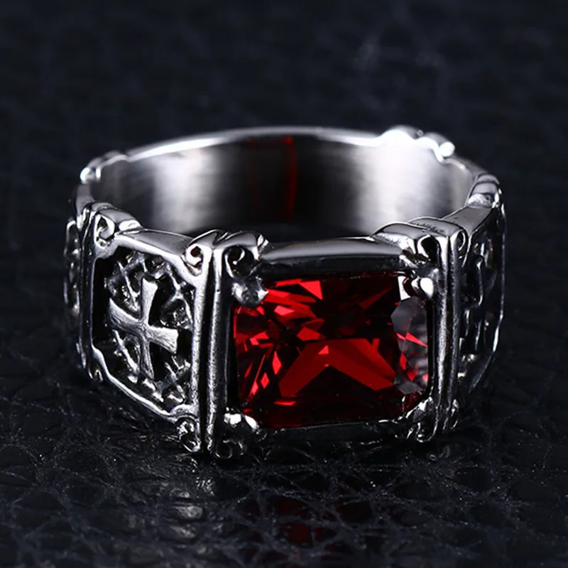 Fashion Personality Exquisite Red Zircon Cross Pattern Ring Charm Men\'s Party Jewelry Accessories Amulet Gift