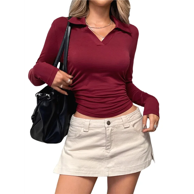 

ABRT-Women's Long Sleeve Shirt Lapel V-Neck Slim Fit Ribbed Knit Fashion Skinny