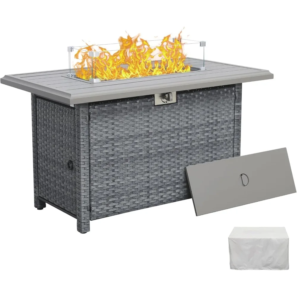 

Grey Wicker Propane Fire Pit Outdoor Fire Pit Table 60000 BTU 43 Inch Gas Fire Pit with Steel Grille Tabletop Double Tube