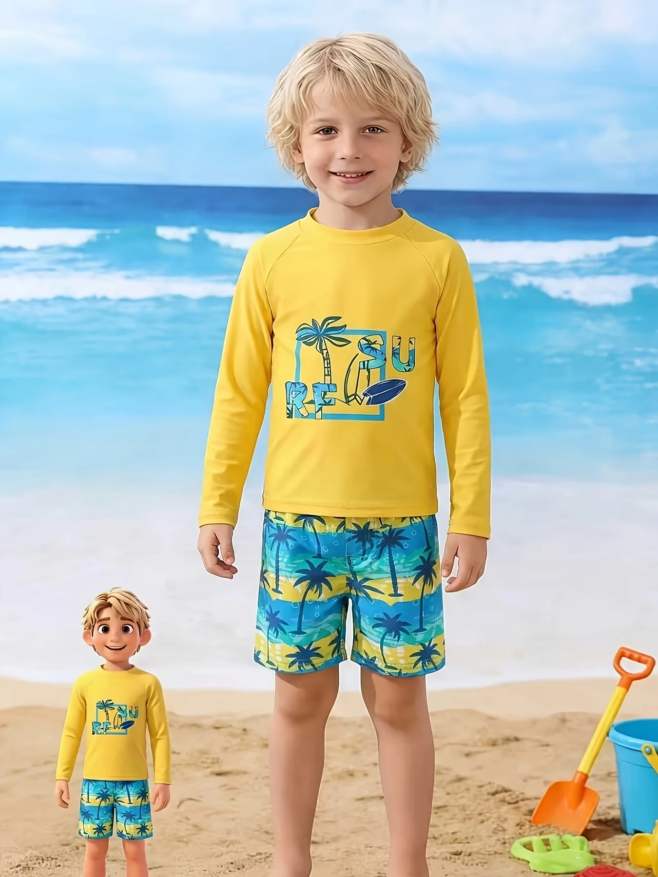 

QH250459Boys' spring and autumn two-piece swimsuit set: pale yellow long-sleeve top with coconut tree print and matching shorts