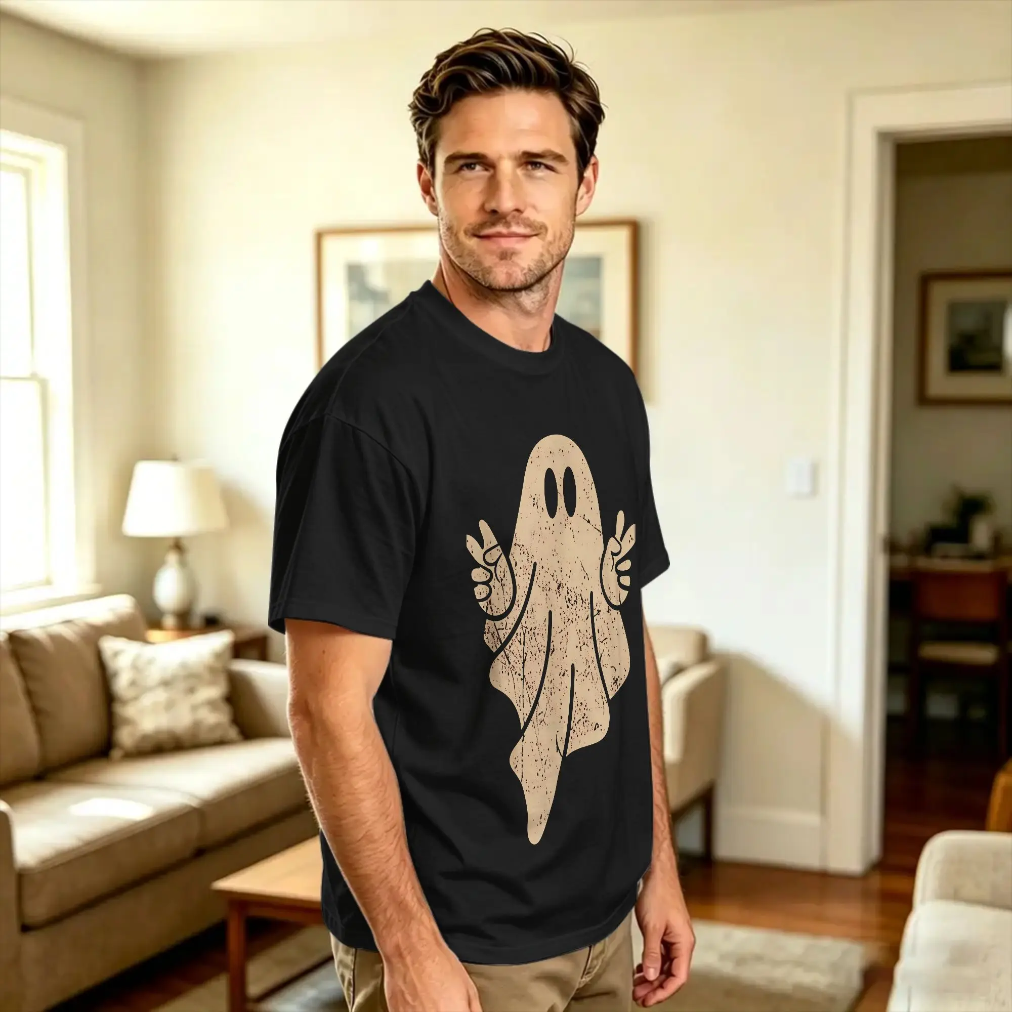 Cute Ghost Peace Sign Vintage Retro Grunge Halloween T Shirt Summer  Y2K Casual T-Shirts 100 Cotton Harajuku Tee Shirt For Men