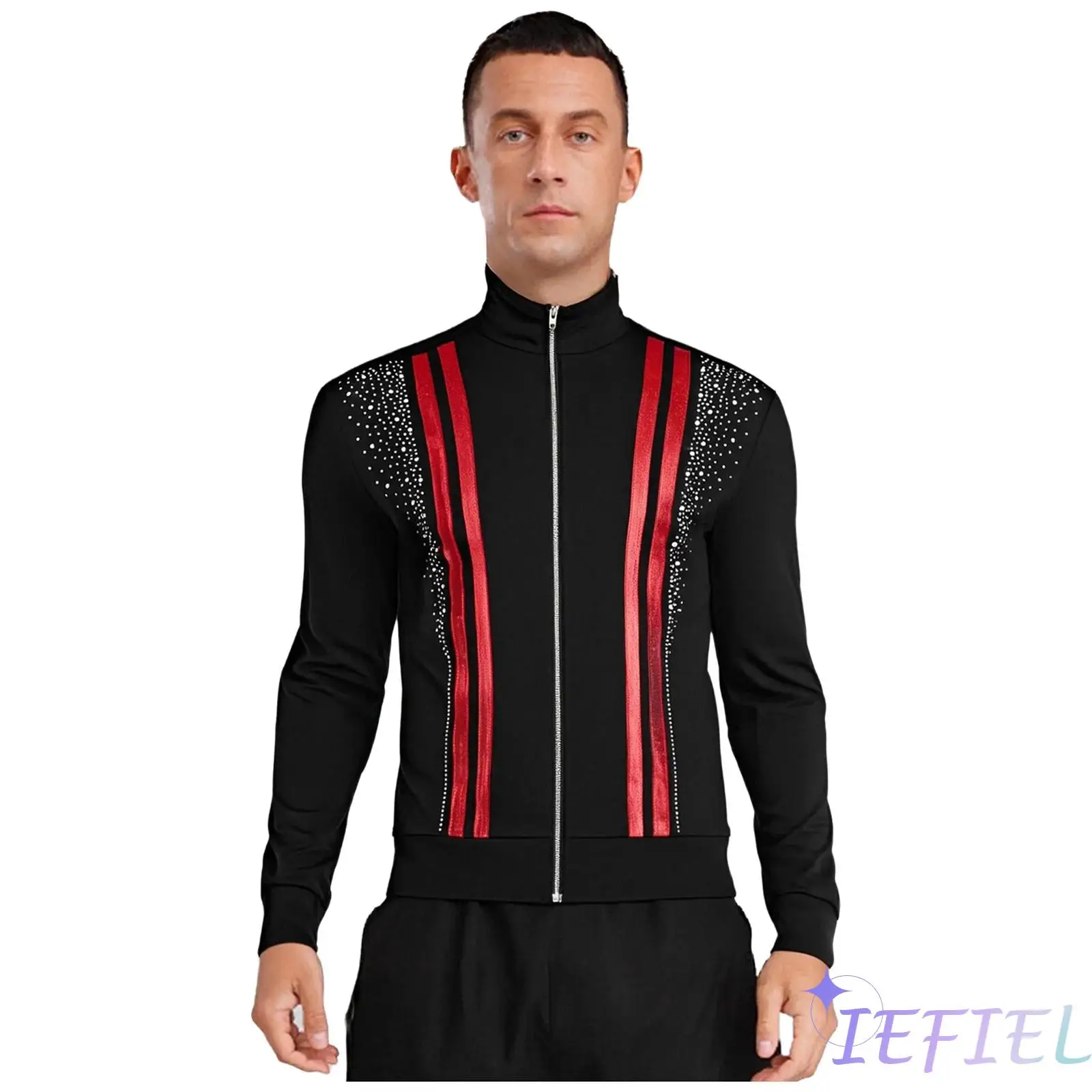 

Mens Radiant Figure Skating Jacket Elegant Metallic Stripes And Rhinestone Ballet Latin Dance Costume for Ice Performance