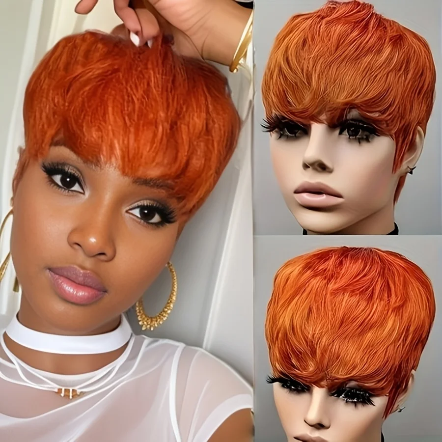 Ginger Color Short Pixie Cut Wig with Bangs Full Machine Made Wig Short Human Hair Wigs