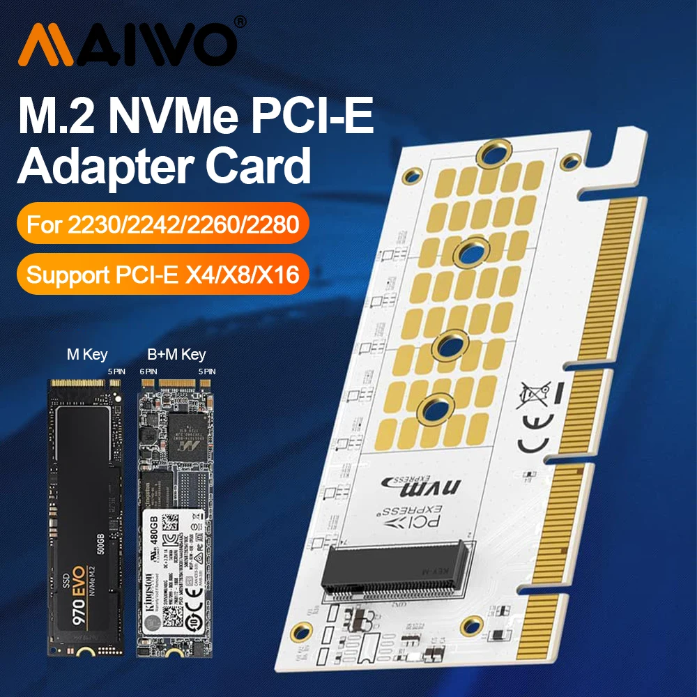 

MAIWO M.2 Adapter card NVMe SSD to PCIe 3.0 X16/X8/X4 adapter M Key Converter Card Support 2230 2242 2260 2280 PCI Express 3.0