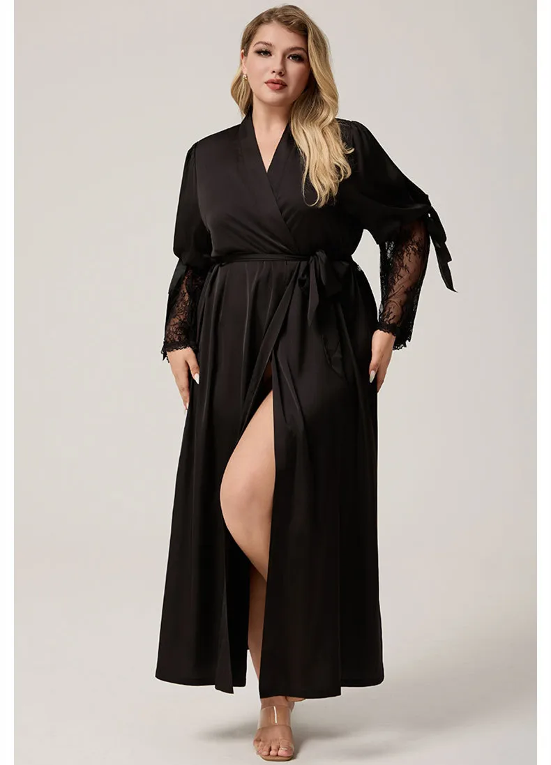 

Black Silk Satin Robe Sexy Back Hollow Out Lace Kimono Bathrobe Spring Summer Women Sleepwear Home Clothing