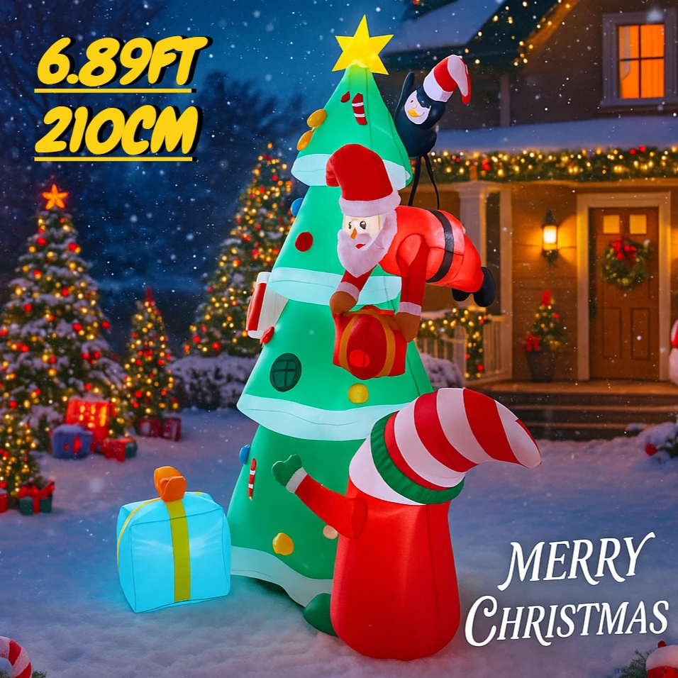 6.89FT Inflatable Christmas Tree Santa Elves Toy With LED Festive Christmas Gifts Xmas Yard Party Decor Christmas Decorations