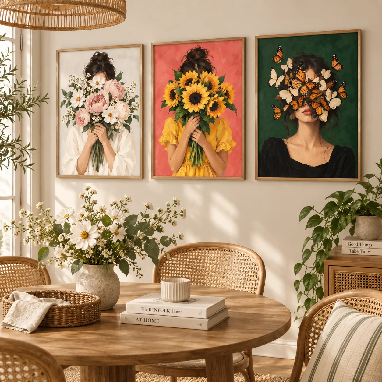 Green Abstract Woman Canvas Wall Art with Flowers Japandi Female Portrait Print Modern Botanical Poster for Living Room Decor