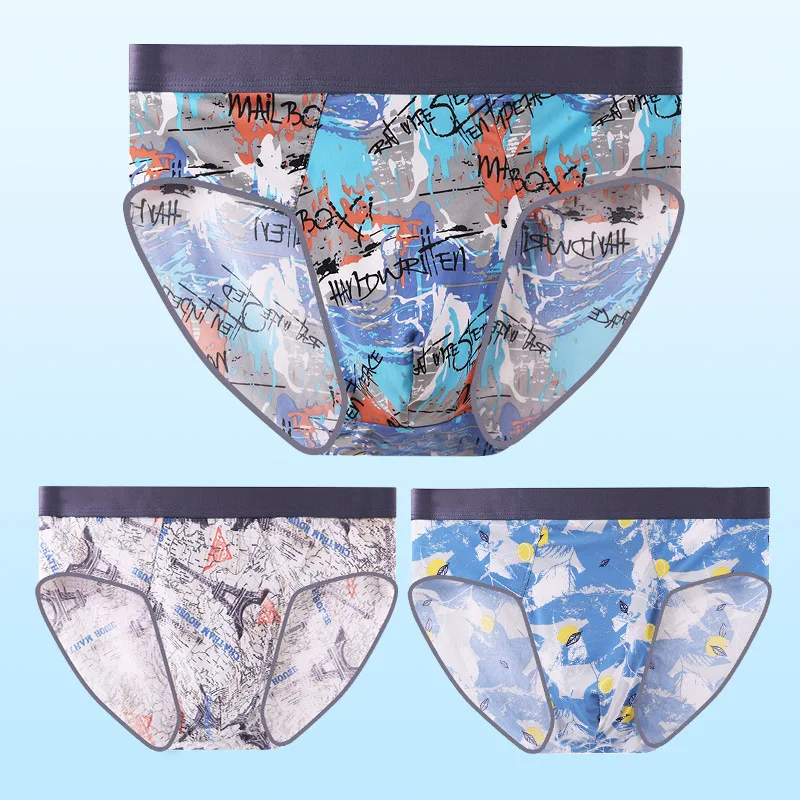 TJ-TianJun Men\'s Ice Silk Printed Briefs Mid Waist Light Thin Soft Breathble Simple Fashion Boy Underpants Summer Underwear New