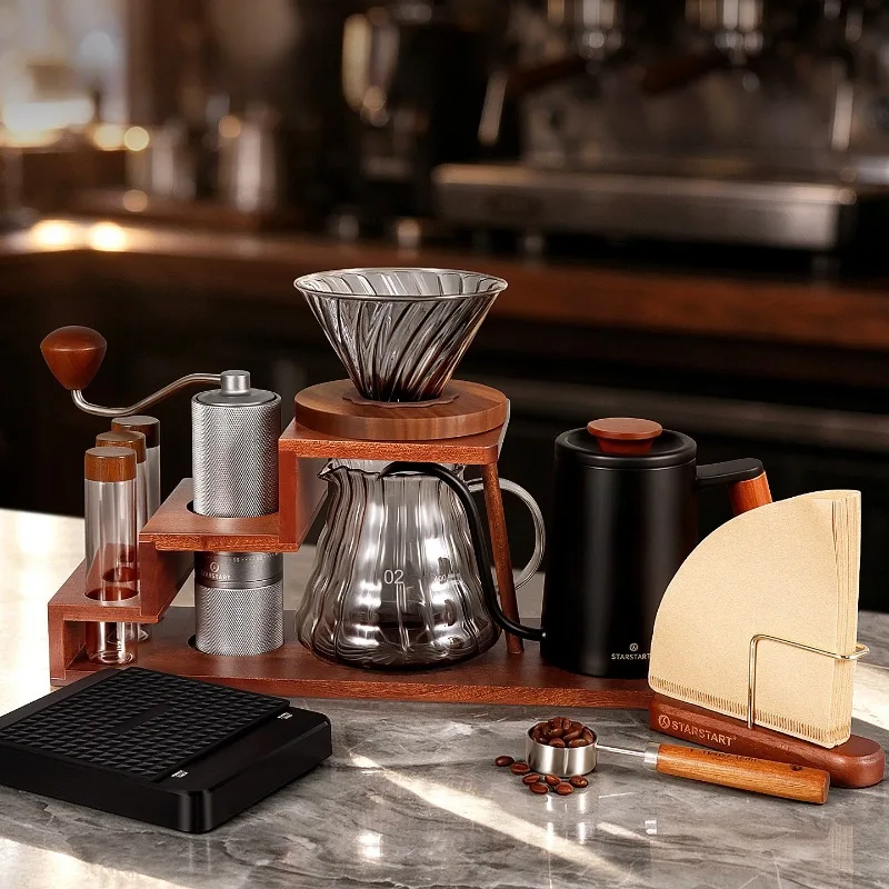 Hand brewed coffee set, hand ground coffee machine, full set of wooden racks.