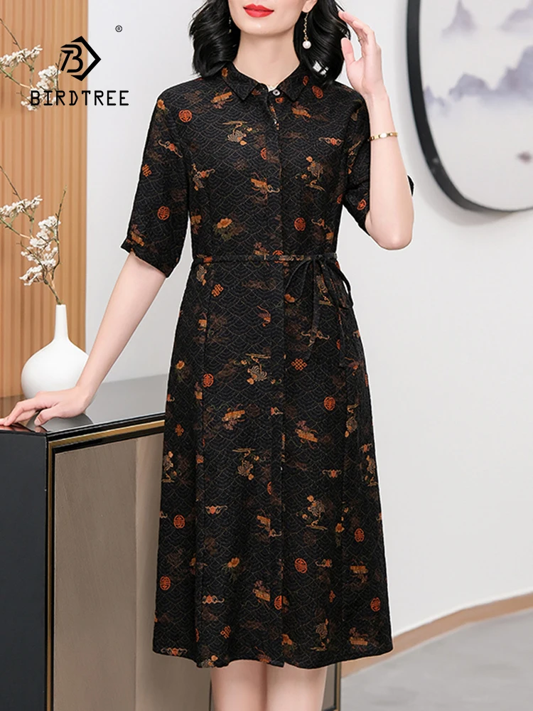 BirdTree, 100%Mulberry Silk Retro Dresses, Women's XiangYunSha Short Sleeve, Printed Loose Large Mom Dress, 2024 Summer D44436QC