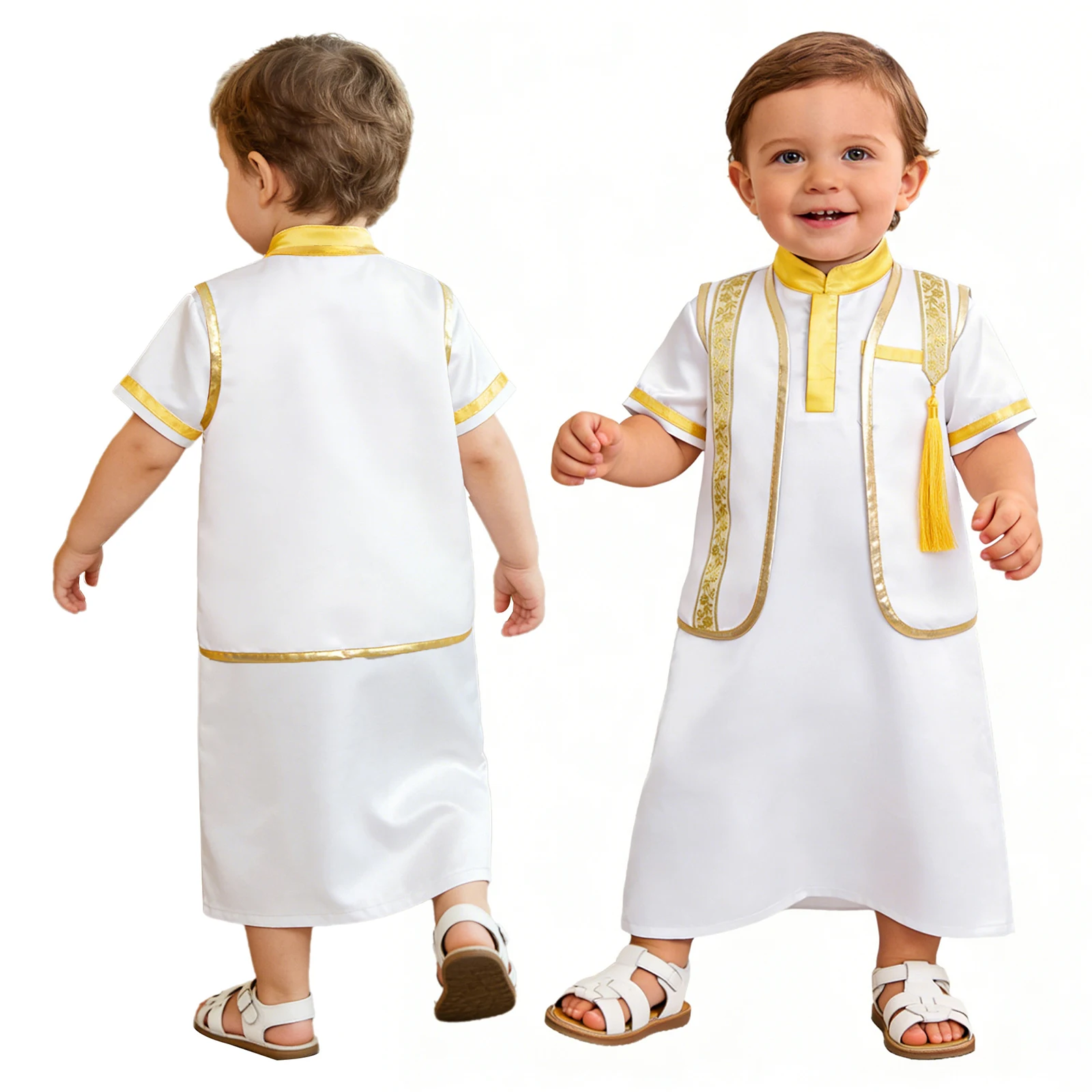 

Baby Boys Girls Short Sleeve Islam Muslim Satin Robe Abaya with Vest for Arab Dubai Middle East Ramadan Eid Prayer Photography