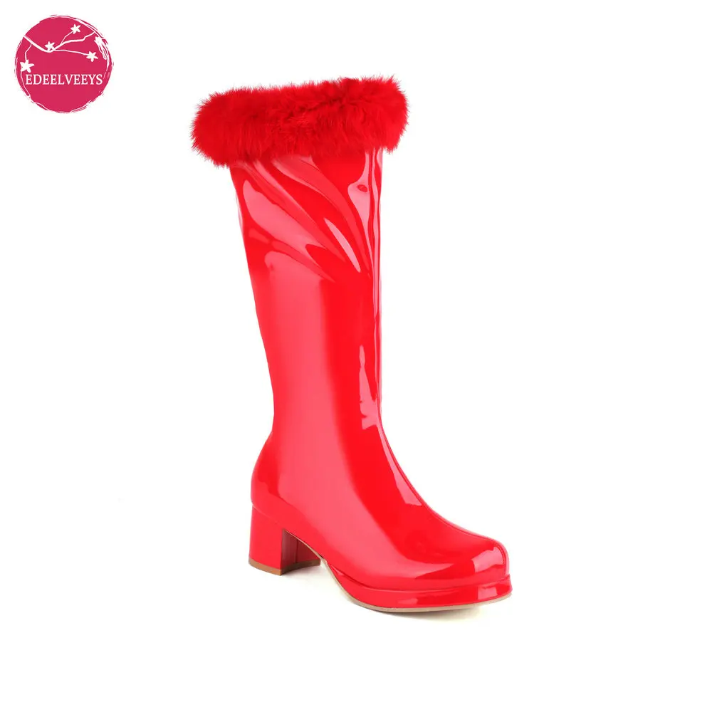 Warm Fur Winter Knee High Boot Women Real Rabbit Hair Fashion Plush Long Snow Boots Patent Leather Shoes Platform Waterproof