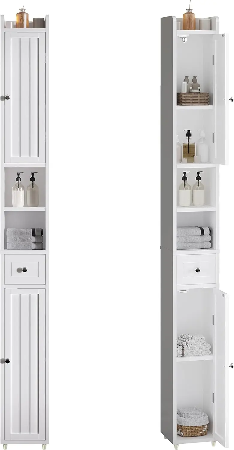 

Narrow Bathroom Storage Cabinet with Adjustable Shelves, Tall Storage Cabinet with 2 Doors and 1 Drawer, Freestanding Cupboard f