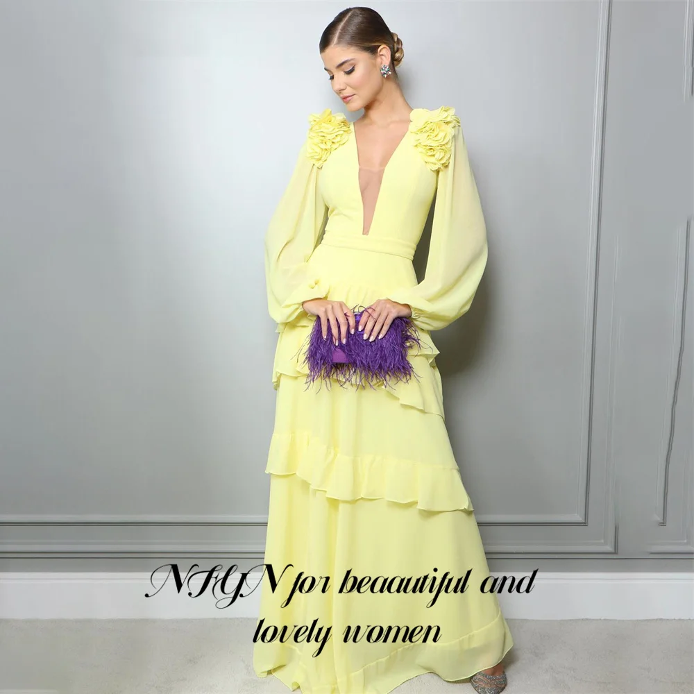 NFYN Yellow Chiffion Party Dresses Deep V Neck Full Sleeves Flower Formal Dresses Gown Tiered Long Evening Dresses Customized