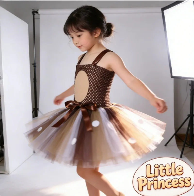 

Christmas Reindeer Kids Tutu Dress – European American Cartoon Deer Tulle Puff Skirt Girls Dress with Headband