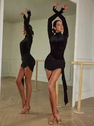 ZYMdancestyle Mini Latin Dance Dress High Neck Mock Two-Piece Special Design Latino Dancing Wear Black Leopard Dress #23111
