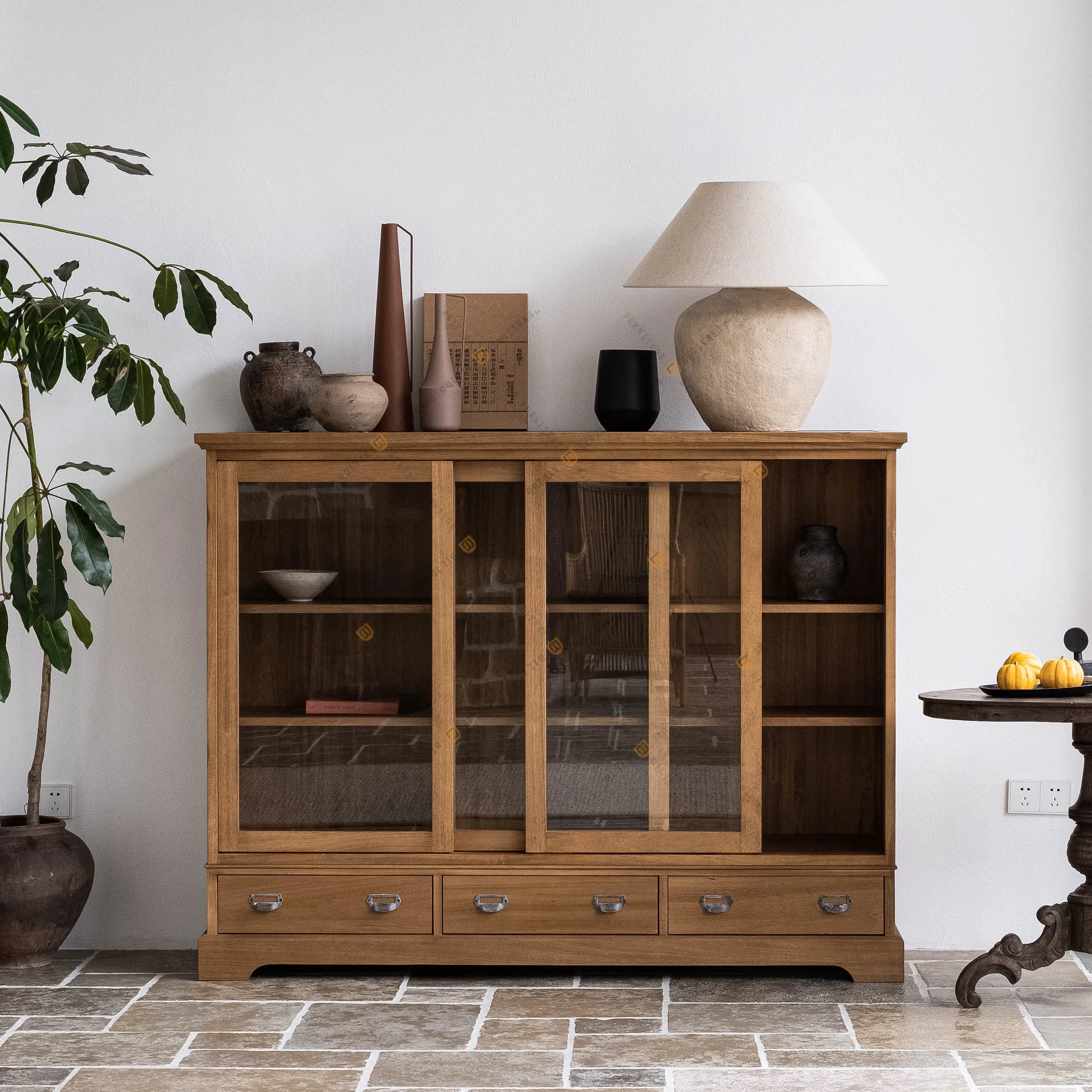 Home Living Room Storage Solid Wood Sideboard Storage Cabinet Against Wall Log Dining Cabinet Wabi-Sabi Furniture