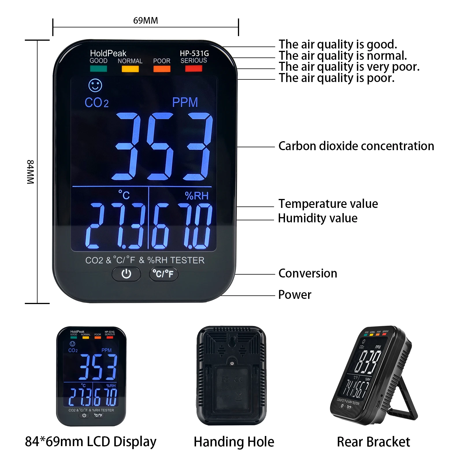 Lingkungan Udara Kualitas CO2, Suhu, dan Kelembapan Monitor Peralatan Rentang Pengukuran Dari 0 hingga 10000 ppm