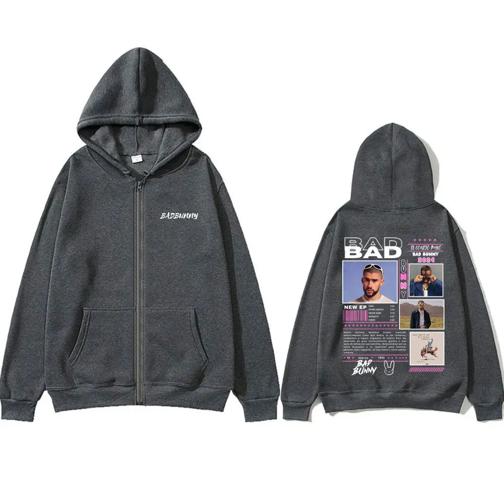 Rapper Bad Bunny Zipper Hoodie Nadie Sabe Lo Que Va A Pasar Manana Graphic Zip Up Jacket Men's Hip Hop Oversized Zip Up Hoodies