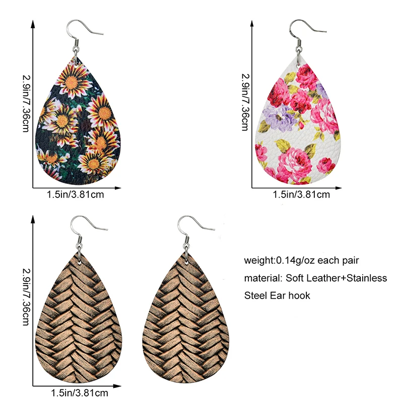 PU Leather Sunflower Print Leather For Women Girls Faux Rattan Pattern Leather Lightweight Teardrop Dangle Earrings Wholesale