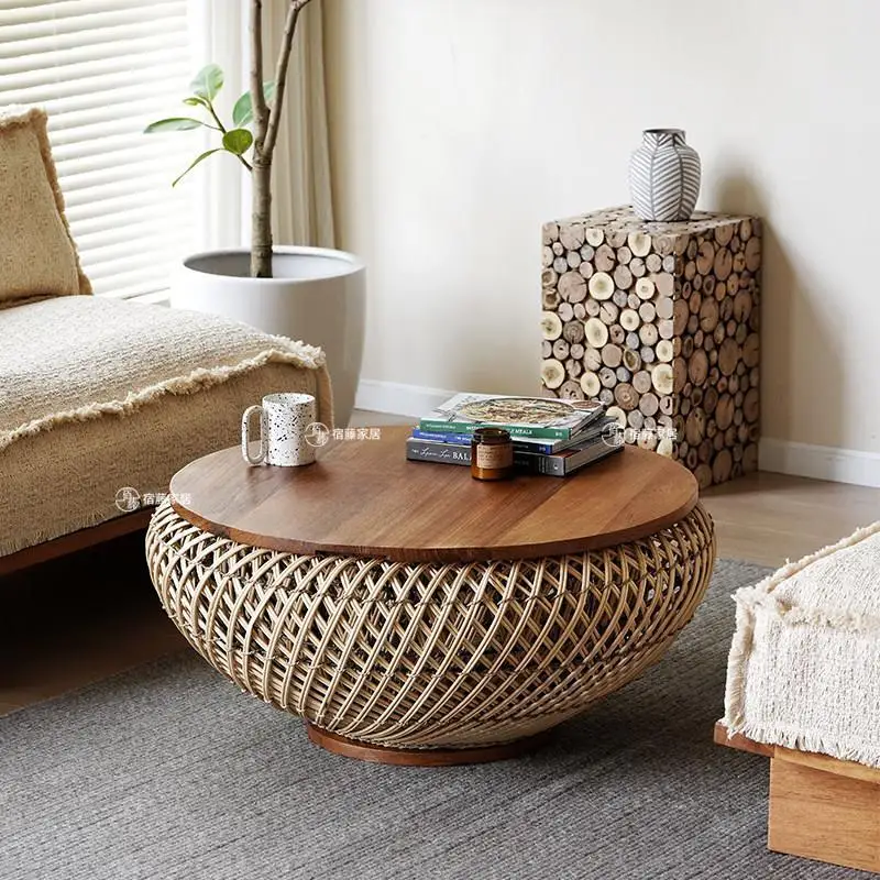 Coffee table light luxury living room small apartment rattan Japanese   table simple small round