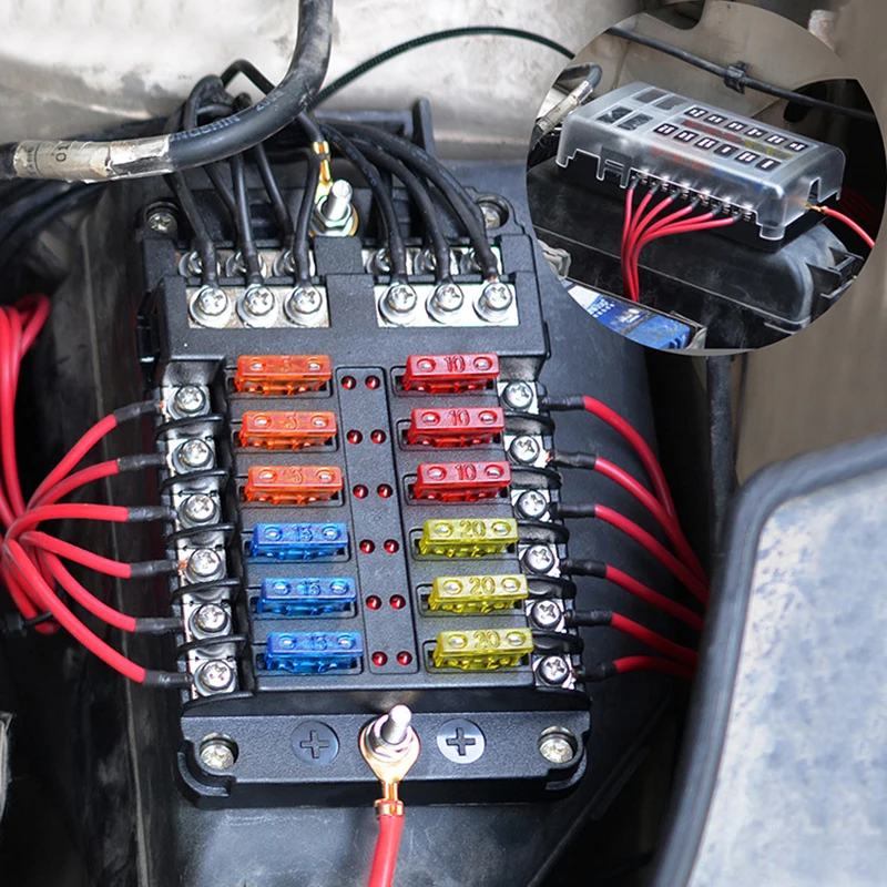 Uchwyt na skrzynka bezpieczników do łodzi z 12-drożnym blokiem uchwyt bezpiecznika i wskaźnik ostrzegawczy 12V ~ 24V Panel dystrybucji