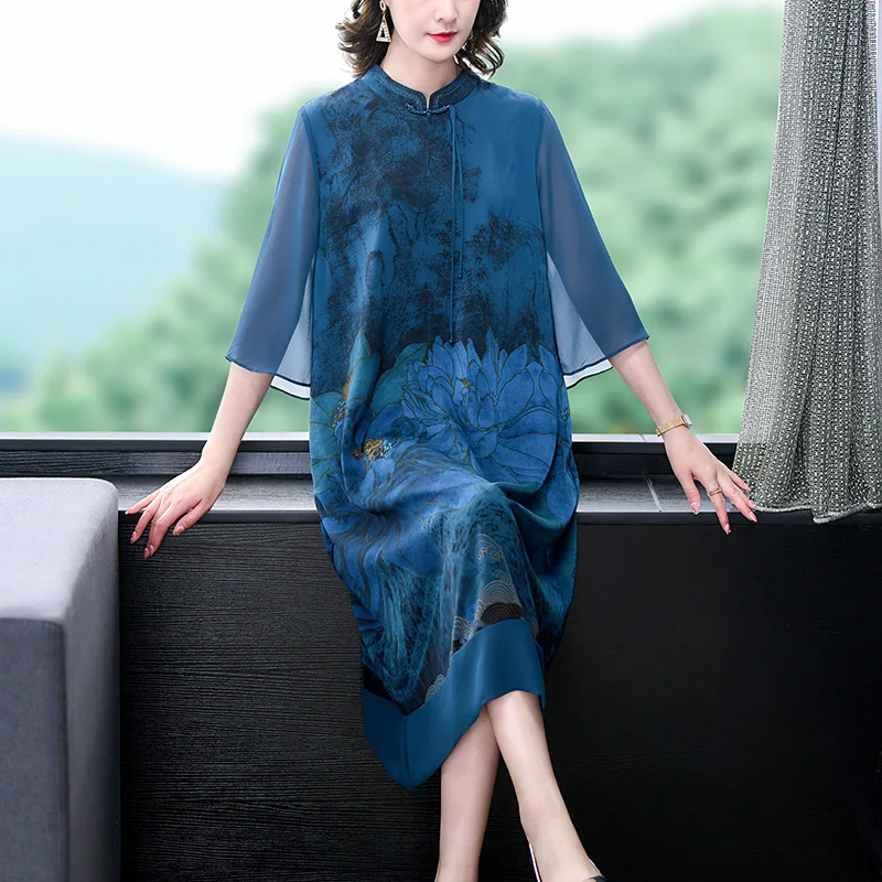 2023 Summer New Silk Short Sleeve Dress Retro Pankou Flower Print Large Women\'s Dress Satin Mesh Splice Slim Robe