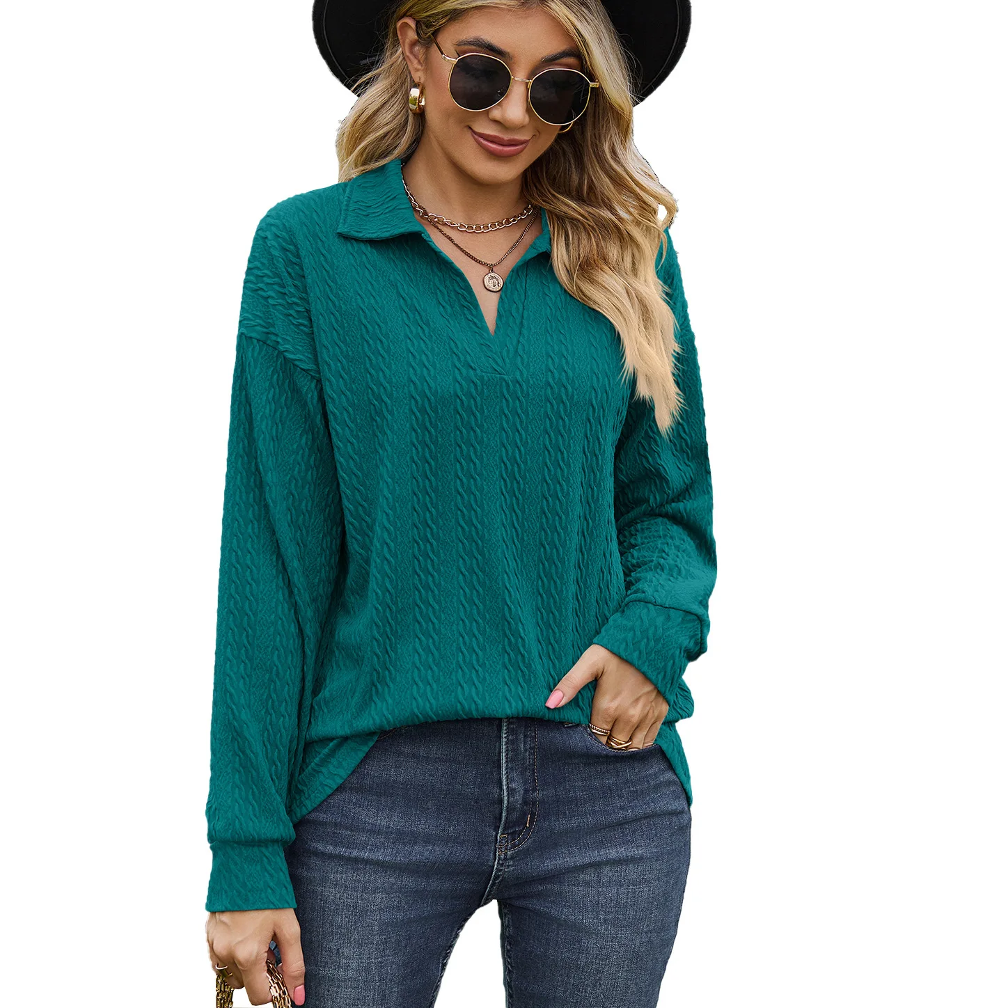 Women's Loose Long-Sleeved Top with Monochromatic Lapels, Casual, Autumn, Winter