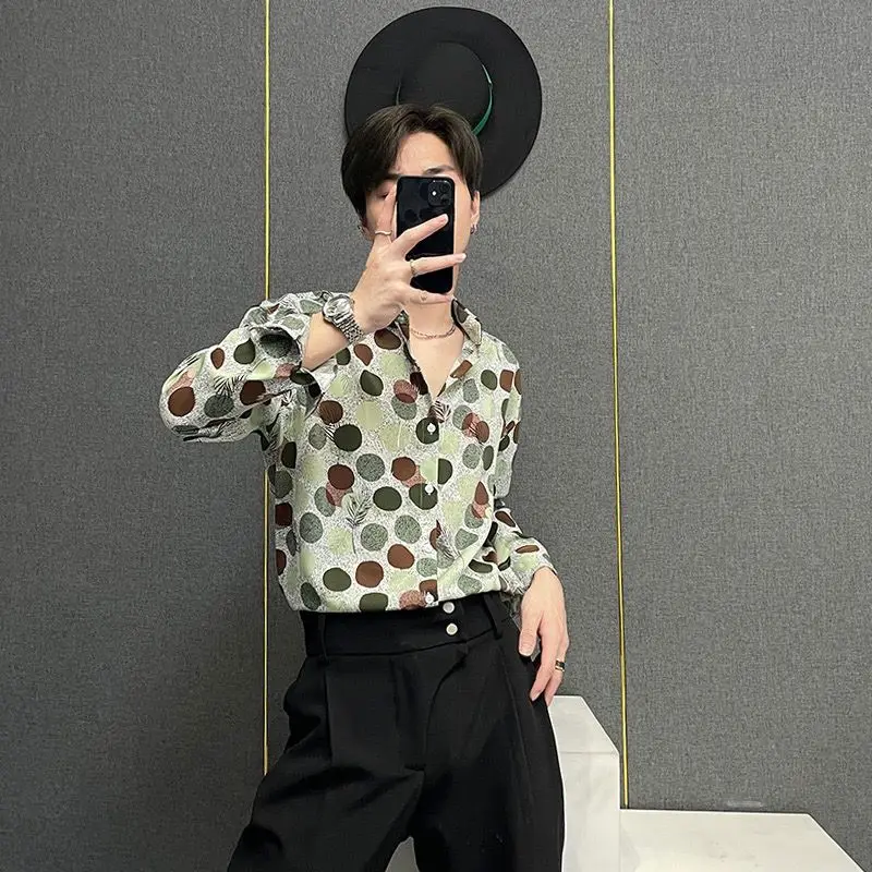 Spring Summer Men Polka Dot Print Long Sleeve Shirt Thin Casual Fashion Streetwear Top