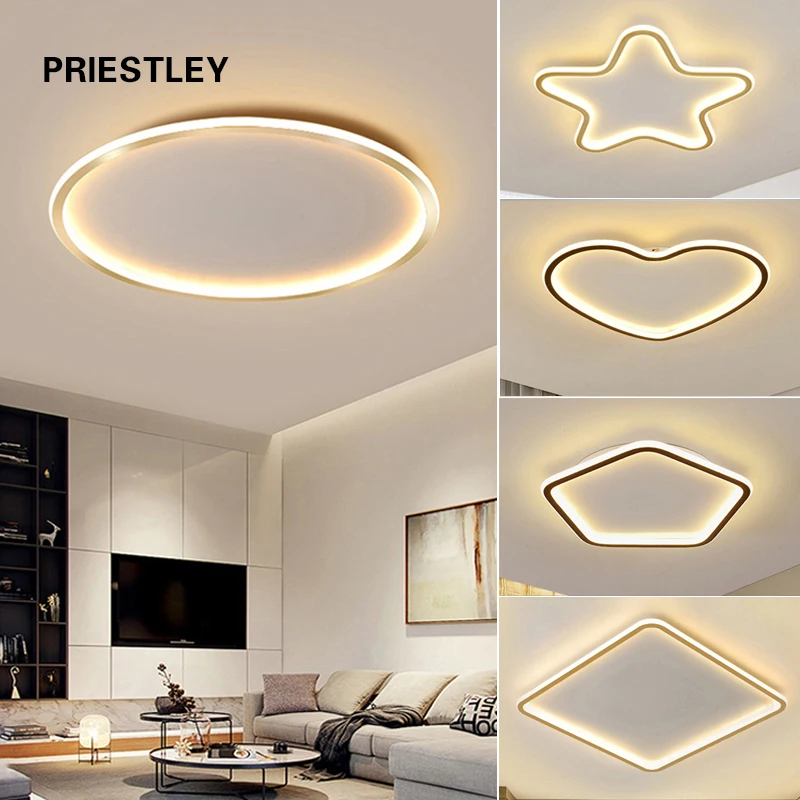 LED Modern Ceiling Light Lamp for Living Dining Room Bedroom Study Golden Black Indoor RC Dimmable Simple Round Polygon Lustres