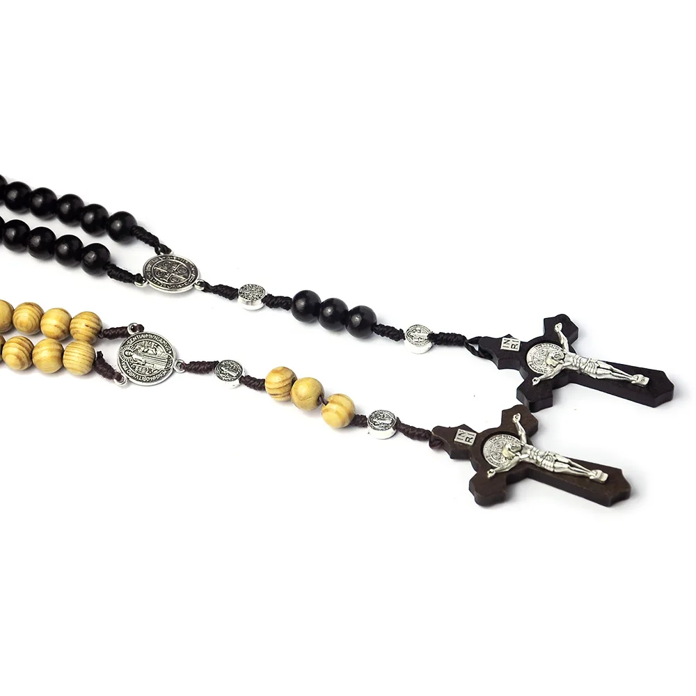 Cruz cristiana crucifijo Rosario religioso suministros de Iglesia Rosario coche cruces de madera Natural Rosario collares tejidos a mano negro