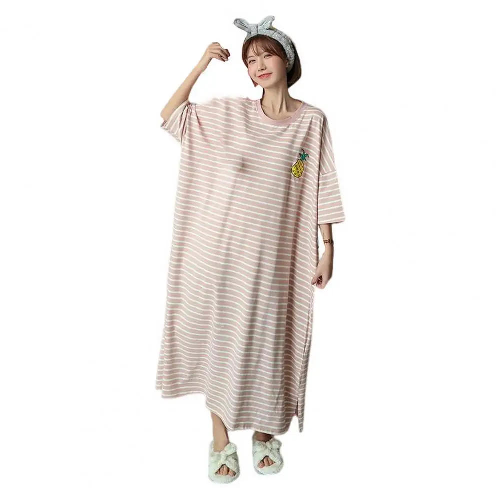 

Women Nightdress Loose Short Sleeve Sleeping Polyester Stripes Print Night Robe Summer Female Garment