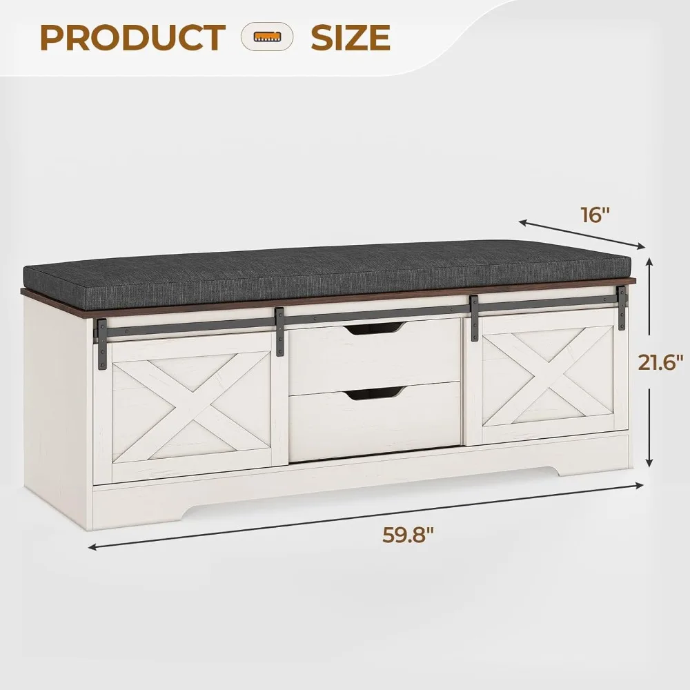 Cushioned Storage Bench with Shoe Rack, Barn Door Slide, Adjustable Shelf, and Drawers for Home Entryways and Closets