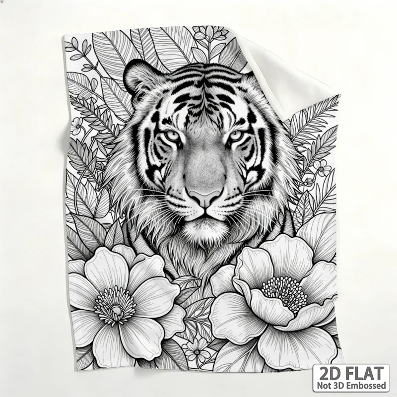 1pc 2D Flat Soft Cozy Throw Blanket, Intricate Tiger Surrounded by Floral Coloring‑Style Print, for Sofa,  Camping, Living Room