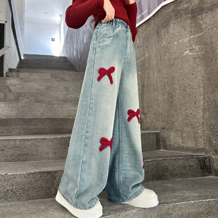 Autumn Winter New Girls Jeans Bow Print Lining Plush Thick Warm Wide-Leg Denim Pants For 5-14Y Girls Korea Style Long Trousers