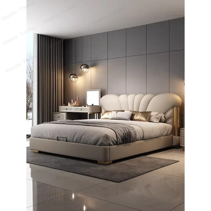

Кремовая кровать Master Bedroom Petal из натуральной кожи первого слоя, мягкая, современная, легкая роскошь, премиум-класс, для виллы