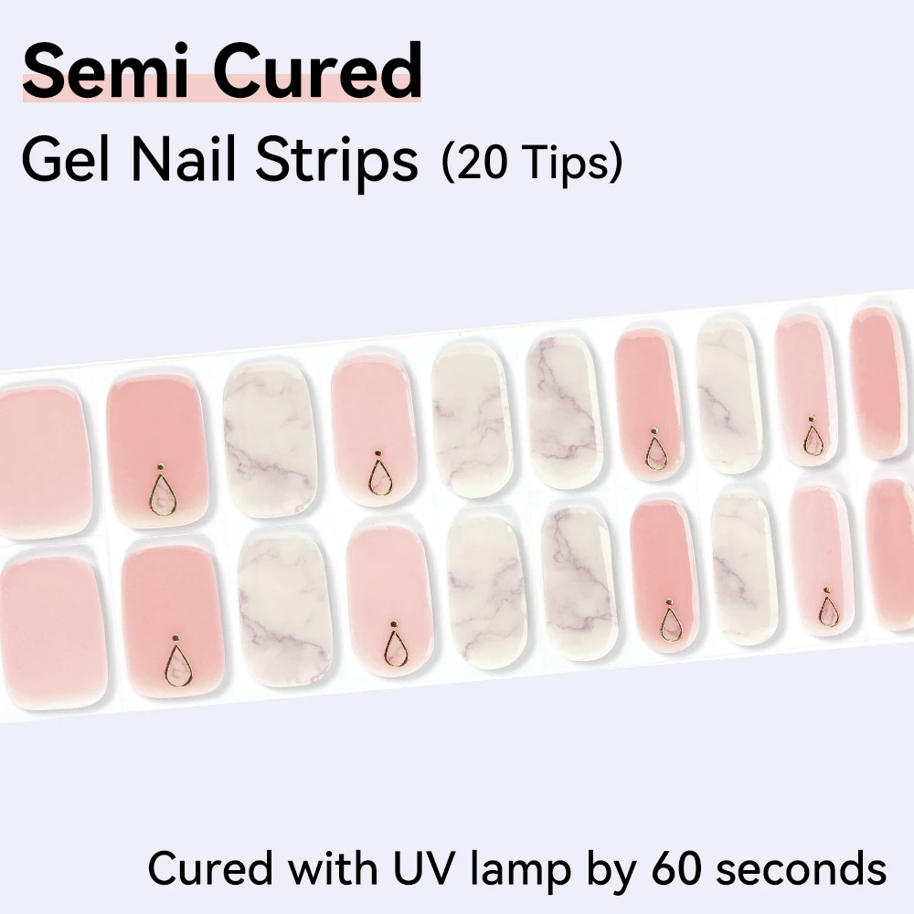 セミキュアジェルネイルストリップ、20枚入り 長持ちサロン品質ラップ、簡単装着＆剥がせるジェルネイルステッカー、UVライトが必要