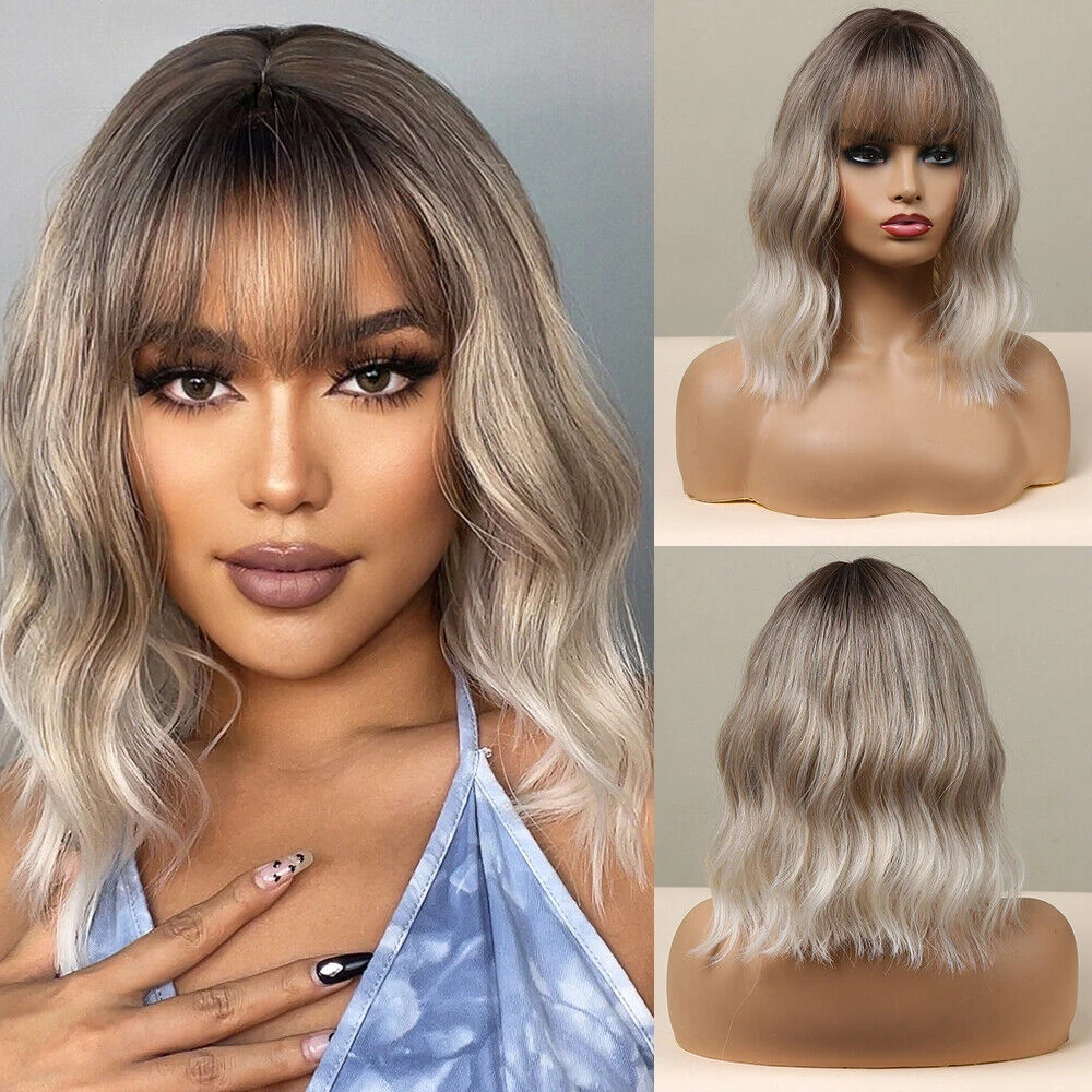 

Ash Gray Platinum Blonde Synthetic with Bangs Short Wave Bob Wig for Women