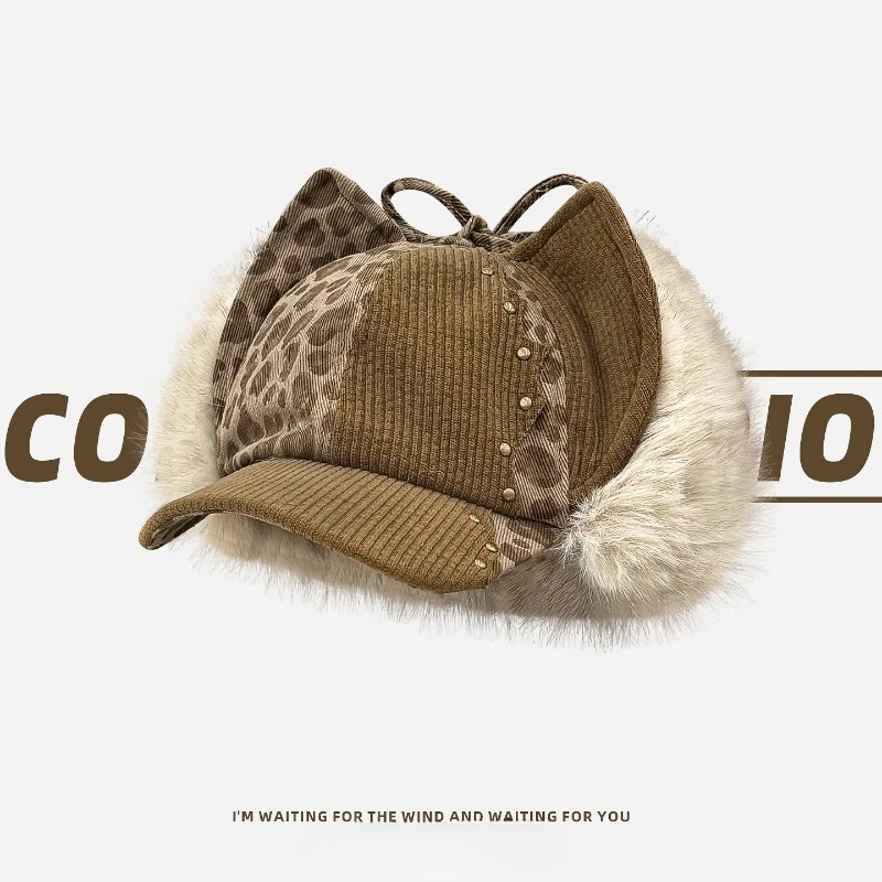 الرجعية ليوبارد طباعة أفخم القط الأذن قبعات البيسبول للنساء في الخريف والشتاء سروال قصير سميك وقبعات منفذها الدافئة #1