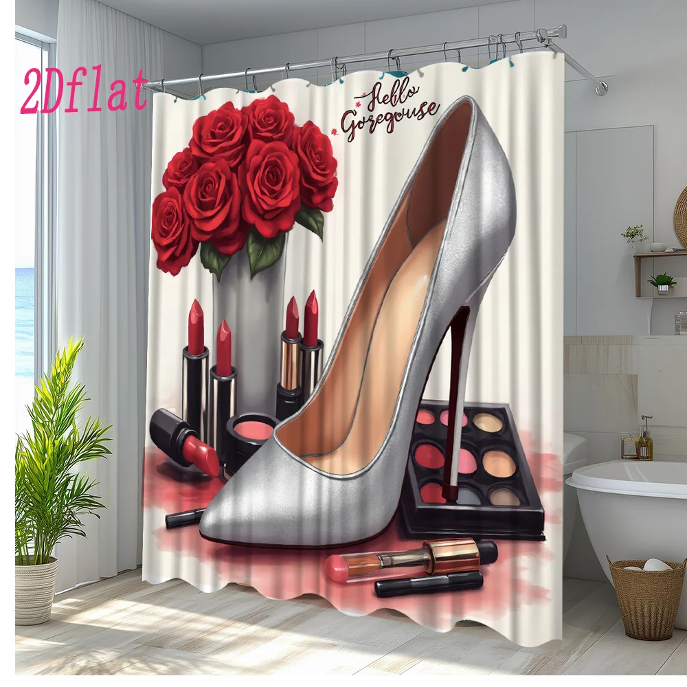 Hello Gorgeous Glamour Shower Curtain Red Roses High Heels Makeup Vanity Bathroom Decor