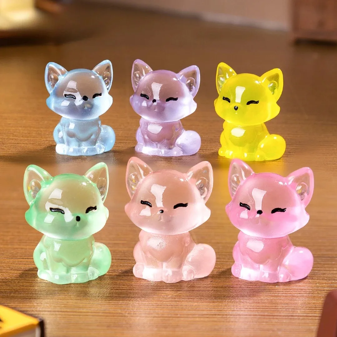 10pcs Luminous Resin Foxes Figurines Colorful Mini Cartoon Fox Decor DIY Micro Landscape Accessory Garden Ornament Resin Crafts