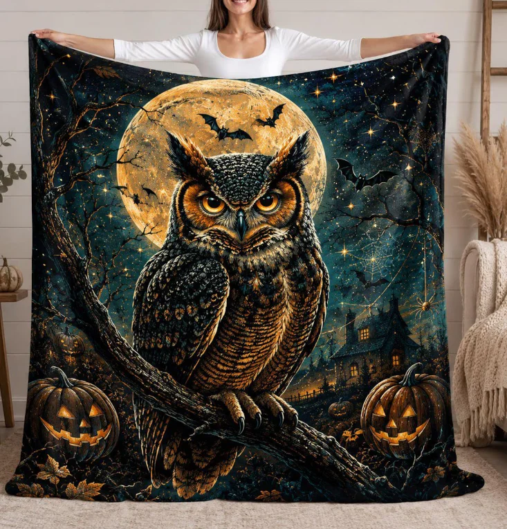 Halloween Owl Blanket, Spooky Moon Pumpkin Throw, Gothic Owl Lover Gift, Minky Sherpa Fall Home Decor Blanket
