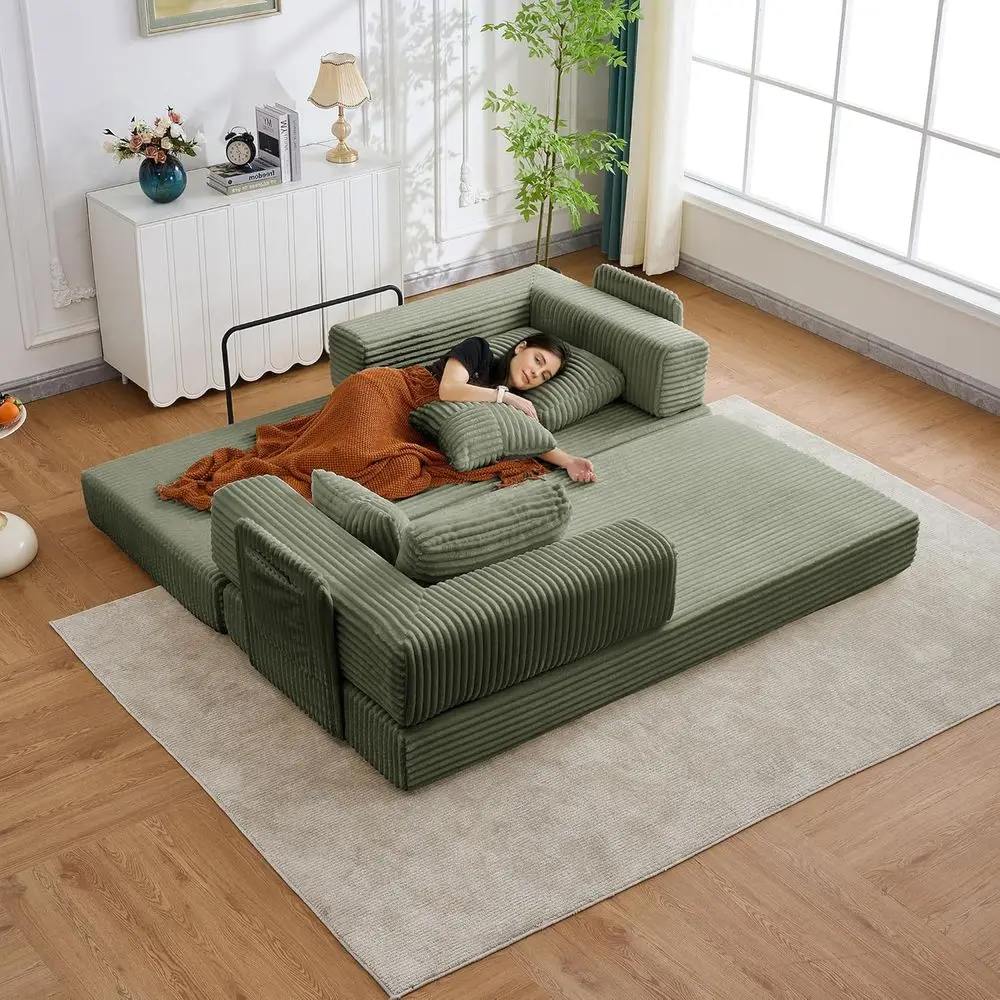 

Green Corduroy King Size Sleeper Sofa with Storage and Wide Armrests